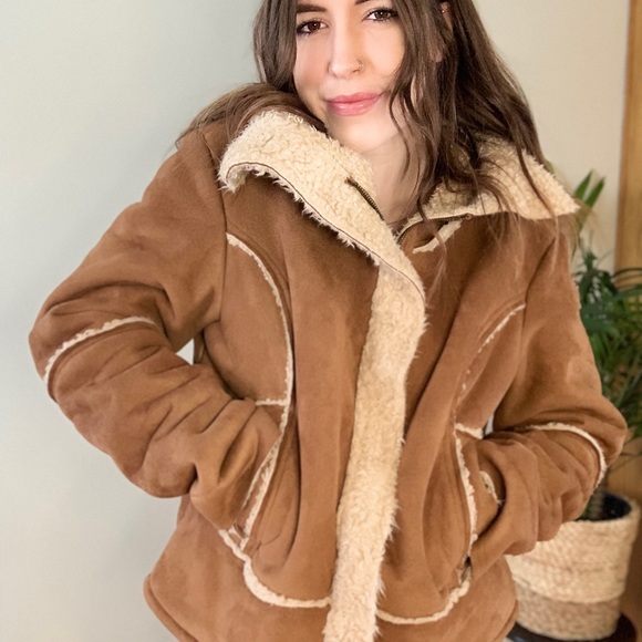 Decree Jackets & Blazers - DECREE Jacket Zip Suede Look Faux Sheepskin Brown Tan